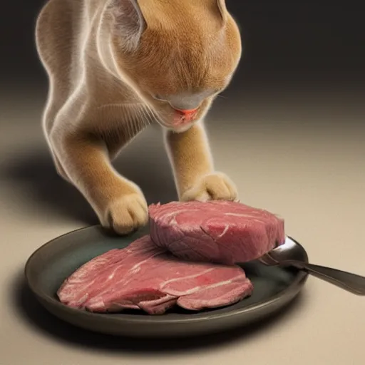 Image similar to cute burmese cat sniifing a plate of meat, sharp focus, octane render, volumetric lighting, 8k high definition, by greg rutkowski, highly detailed, trending on art Station