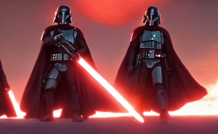 Prompt: cinematic still image screenshot knights of ren, from the tv show mandalorian on disney + anamorphic lens, 3 5 mm film kodak from empire strikes back 1 9 8 3