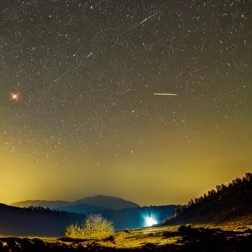 Image similar to beautiful landscape at night with andromeda galaxy clearly visible in the sky, highly detailed, sharp focus