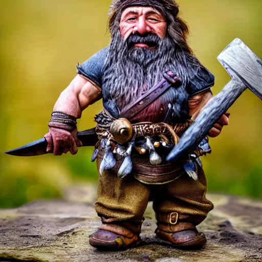 Prompt: Photorealistic photograph of dwarf warrior with axe by Suzi Eszterhas, photorealism, photorealistic, realism, real, highly detailed, ultra detailed, detailed, f/2.8L Canon EF IS lens, Canon EOS-1D Mark II, Wildlife Photographer of the Year, Pulitzer Prize for Photography, 8k