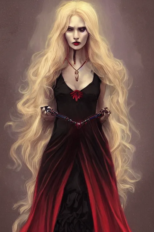 Image similar to female occultist, sweeping wild blonde hair, red eyes, portrait, high cheekbones, smug, evil, Victorian, black velvet dress, dark colors, ruby jewelry, fantasy painting, trending in Artstation, GSociety, by Charlie Bowater, Brom, Bastien Lecouffe-Deharme