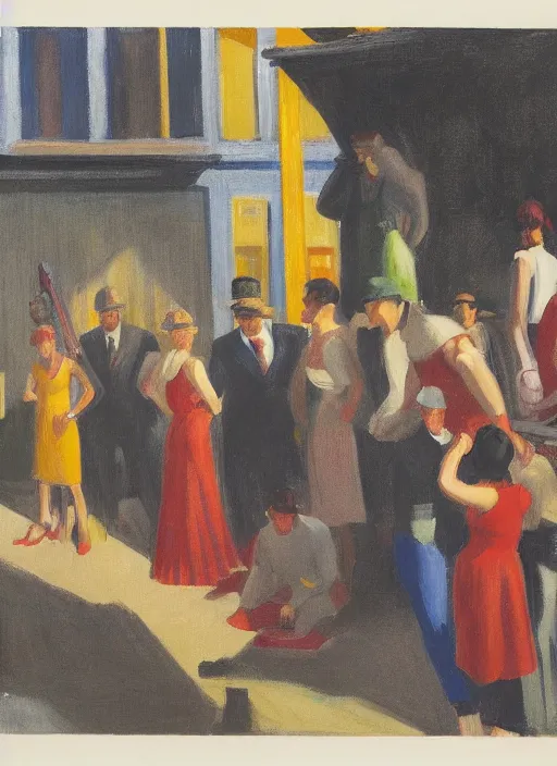 Image similar to in foreground a crowd of tired working citizens carrying their daily routines, while in background there's war and blood and rockets exploding houses and soldiers fire at each other, DSLR 35mm, by Edward Hopper