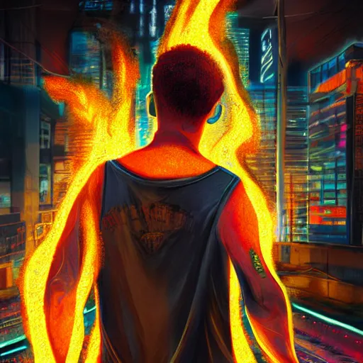 Image similar to young man from behind with flames coming out of hands flying in a cyberpunk city, very detailed, realistic, symmetrical face, art by digital painting,