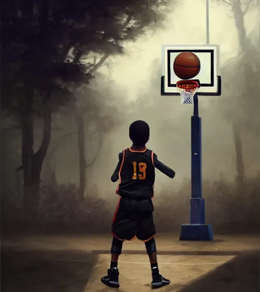 Image similar to portrait of a boy at a basketball court playing basketball wearing a military jacket in a basketball court standing near the basketball hoop, intense emotion, detailed facial expression, detailed surroundings, intricate, elegant, highly detailed, centered, digital painting, artstation, concept art, smooth, sharp focus, illustration, by (Peter Mohrbacher), WLOP