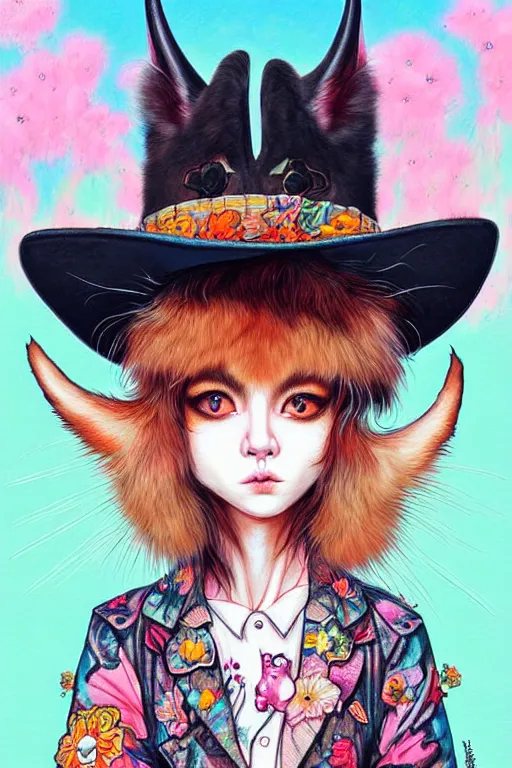 Prompt: cute fluffy caracal wearing cowboy hat, style of yoshii chie and hikari shimoda and martine johanna, highly detailed