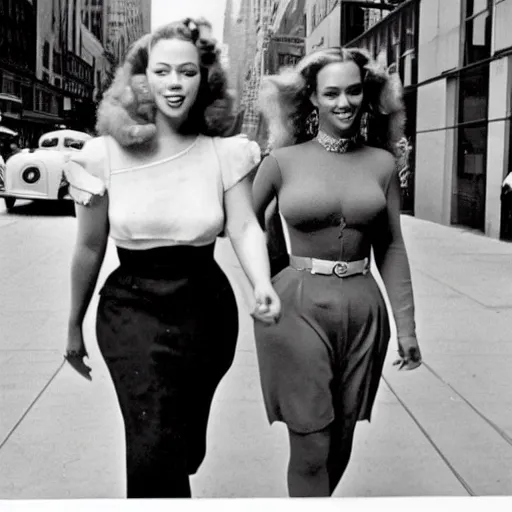 Image similar to 1940s photo of Mariah Carey and Beyonce walking down 5th Avenue