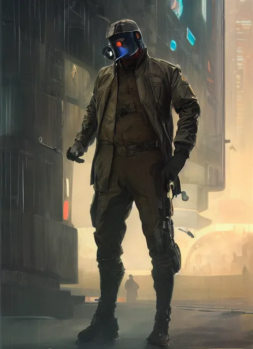 Image similar to Modern Teddy Roosevelt. Cyberpunk merc in tactical gear. plastic raincoat. blade runner 2049 concept painting. Epic painting by James Gurney, Azamat Khairov, and Alphonso Mucha. ArtstationHQ. painting with Vivid color. (rb6s, Cyberpunk 2077)