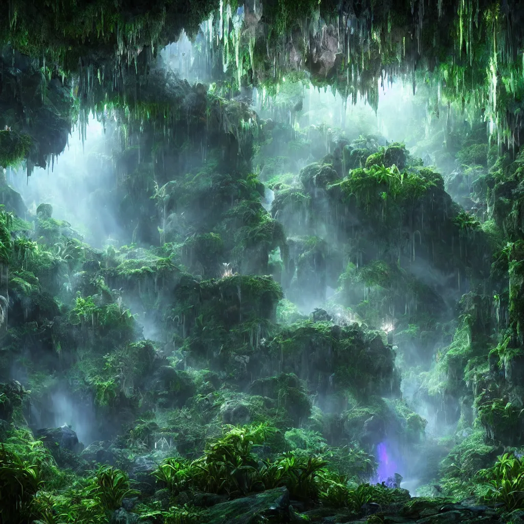 Prompt: a beautiful and stunning digital render of an epic glowing crystal cave, a lush prehistoric jungle, dimly glowing mushrooms, haze, waterfall, volumetric lighting, photorealistic, unreal engine 5, ultra detail, trending on artstation