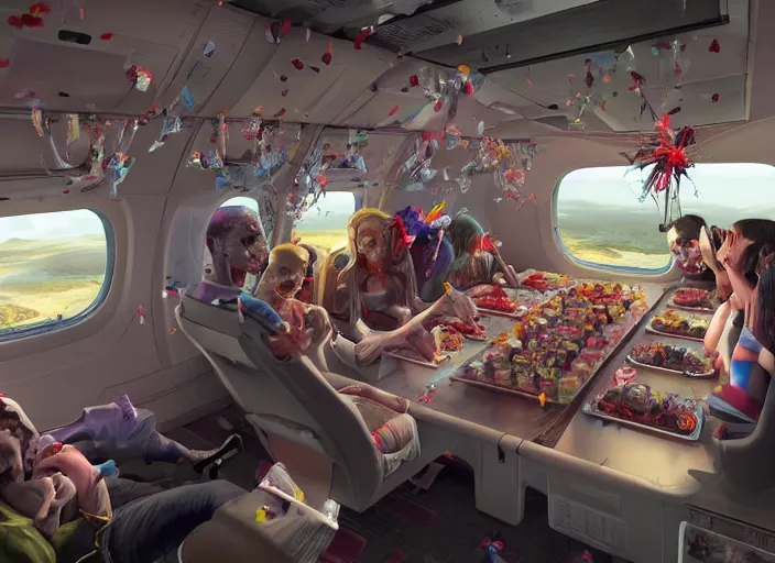 Image similar to boeing 737 cabin, many zombies, birthday party, party hats, string of balloons, one big birthday cake, realistic, insanely detailed, wide angle, Unreal 5 engine, trending on artstation, by Huang Guangjian and Gil Elvgren and Sachin Teng