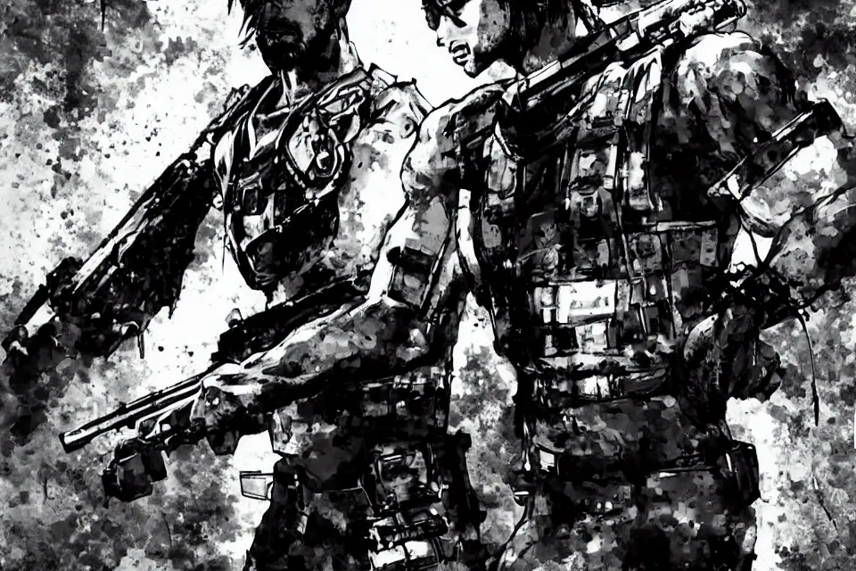 Image similar to a full - body portrait of stephen curry with guns, in yoji shinkawa's art style, metal gear solid art style highly detailed, 4 k, artistic, white background, b & w