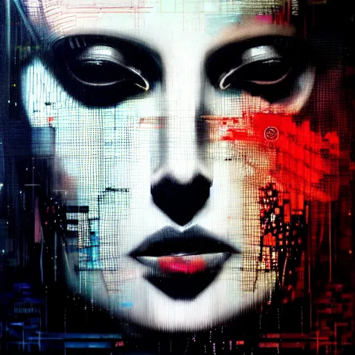 Prompt: hyperrealistic portrait of a mysterious cyberpunk woman, by Guy Denning, Johannes Itten, Russ Mills, glitch art, hacking effects, glitch effects, digital tech effects, cybernetics, detailed lings, chromatic, color blocking!, oil on canvas, octane, concept art, abstract, red face, 8k, trending on artstation