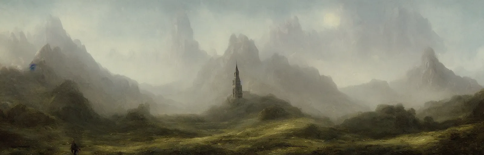 Image similar to a large,lone tower in the mist between the mountains,painting,romanticism,masterpiece