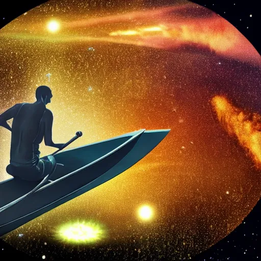 Prompt: A man rowing a boat through space, there are stars all around, photorealistic.