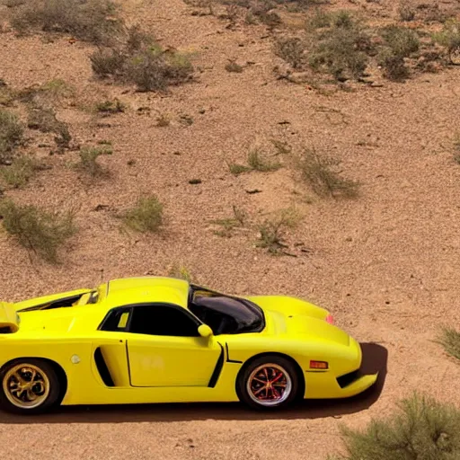 Image similar to a man wearing a yellow hazmat suit, next to a saleen s7 in the desert, directed by Alan resnick