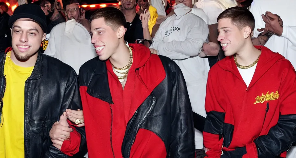 Prompt: kanye and pete davidson holding hands at a circus in the year 4 0 0 0