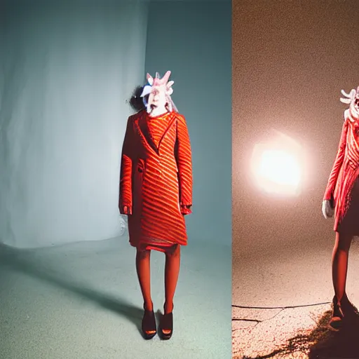 Prompt: fisheye medium format photograph of a surreal fashion shoot at night