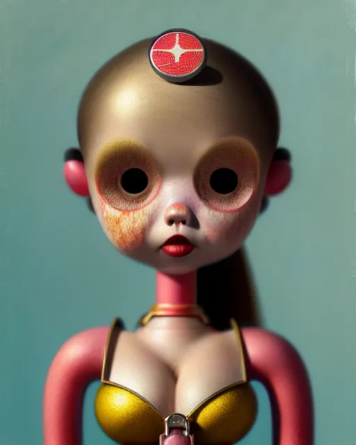 Prompt: closeup face profile portrait of a tin toy bikini girl, hyper realistic, artstation, illustration, nicoletta ceccoli, mark ryden, lostfish, max fleischer, digital paint, matte paint, vivid colors, dark, sinister, detailed and intricate environment