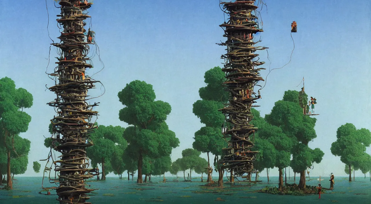 Prompt: single flooded simple whip tree tower, very coherent and colorful high contrast!! masterpiece by rene magritte simon stalenhag carl spitzweg syd mead norman rockwell edward hopper james gilleard, minimalist, dark shadows, sunny day, hard lighting