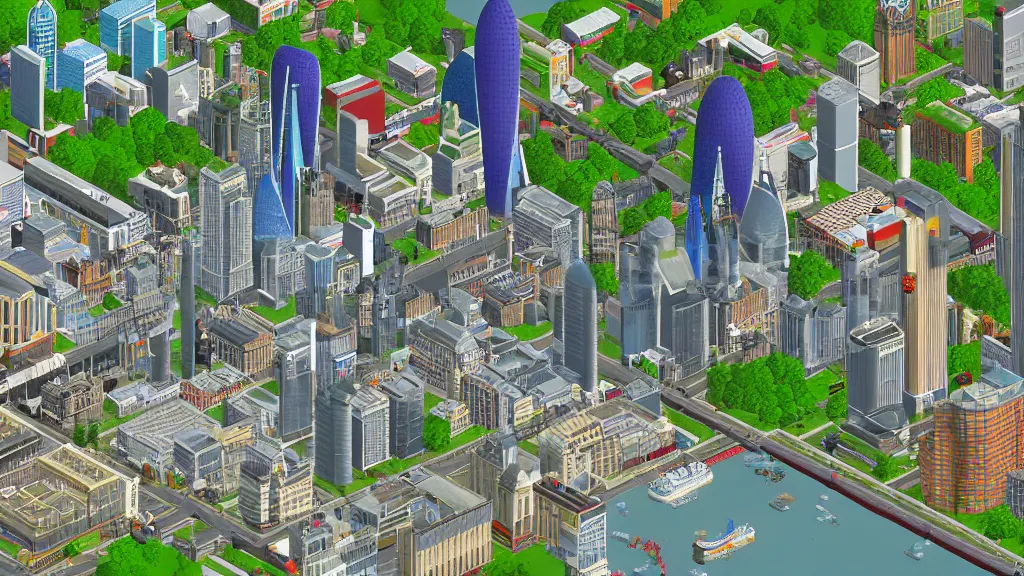 Prompt: aerial shot of London over the South Bank rendered in SimCity 2000, pixel art, 32bit, highly detailed, natural light