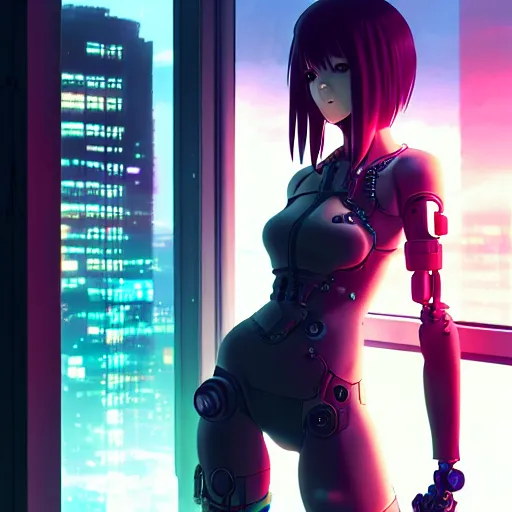 Image similar to cyberpunk anime art, beautiful cyborg girl in the style of arcane holding excalibur, full round face, biomechanical details, full body shot, rain, wet street, window reflections, lens flare, wlop, ilya kuvshinov, artgerm, krenz cushart, greg rutkowski