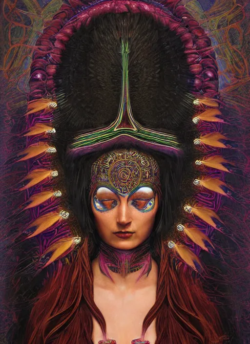 Prompt: Ayahuasca tripping cult magic psychic woman, subjective consciousness psychedelic, epic occult ritual symbolism story iconic, dark witch headdress, oil painting, robe, symmetrical face, greek dark myth, by John William Godward, Jason A Engle, Anna Dittman, masterpiece