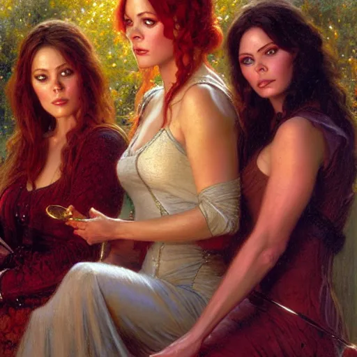 Image similar to the charmed ones tv show, prue, piper, phoebe. highly detailed painting by gaston bussiere, craig mullins, j. c. leyendecker, 8 k