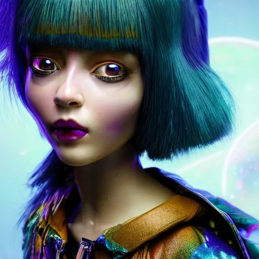 Prompt: Ethereal, mysterious stunning maximalist mesmerizing cyberpunk Dora The Explorer from the rainbow sky paradise, high-tech, professional high fashion model photo shoot, hyperdetailed by Mark Ryden and artgerm and Hiroyuki-Mitsume Takahashi, close-up 35mm macro shot, hyperrealism, 8k resolution 3D, cinematic, dynamic lighting, octane render, unreal engine 5