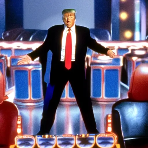 Image similar to movie still of donald trump as the gameshow host in arnold schwarzenegger's movie the running man. film quality