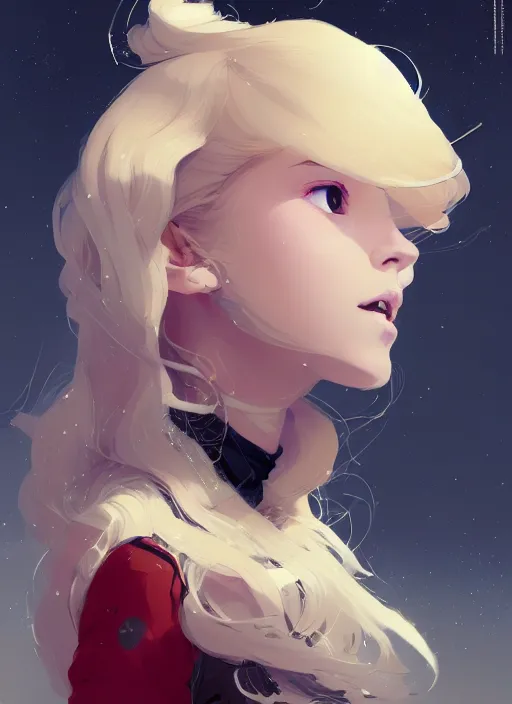 Prompt: highly detailed portrait of a hopeful pretty astronaut lady with a wavy blonde hair, by Greg Tocchini, by Greg Rutkowski, by Dustin Nguyen, by Ilya Repin, by Kate Olseka, by Cliff Chiang, 4k resolution, nier:automata inspired, bravely default inspired, vibrant but dreary but upflifting red, black and white color scheme!!! ((Space nebula background))
