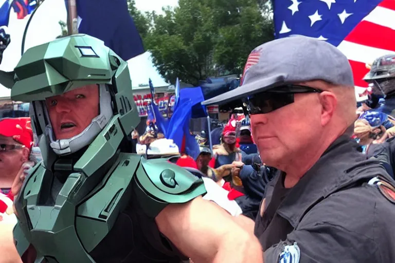 Prompt: master chief at a maga rally