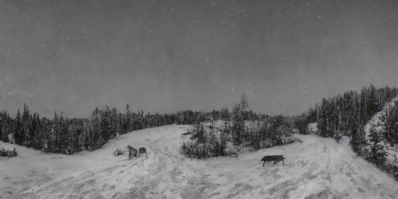 Prompt: laurentian appalachian mountains in winter, unique, original and creative black ink landscape, surrealist artwork, wide angle panorama, snowy night, distant town lights, aurora borealis, deers and ravens, lonely human walking, footsteps in the snow, fascinating textures, outstanding composition