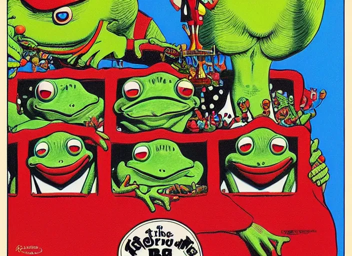 Prompt: The Clown Frog King welcomes you Clown World, painting by Robert Crumb, René Magritte and Ralph McQuarrie, high detail