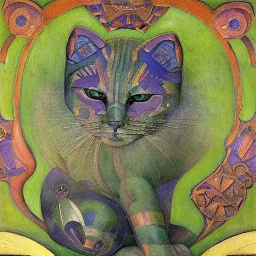 Prompt: ornate mechanical cat, by annie swynnerton and diego rivera and nicholas roerich and jean delville, symbolist, dramatic lighting, elaborate geometric ornament, art brut, colors are soft greens and blues and purple, smooth, sharp focus, extremely detailed, adolf wolfli and ( donato giancola )
