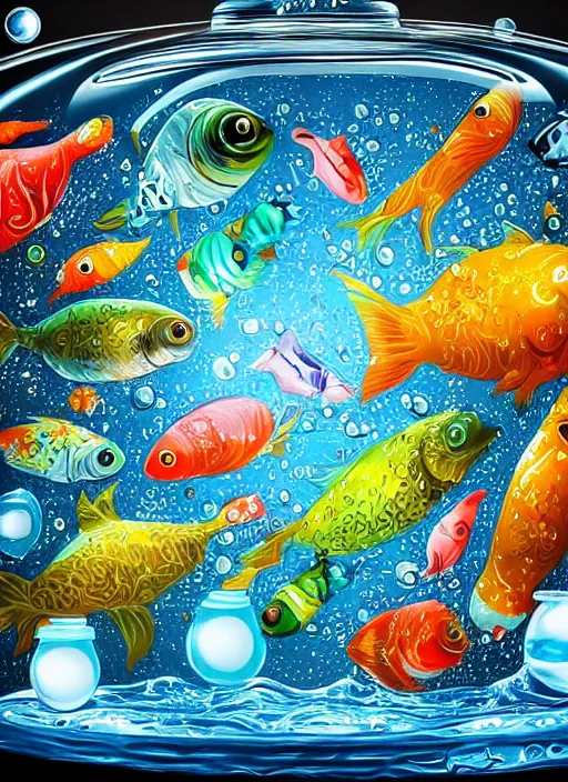 Image similar to the universe in a bottle of water filled with fishes, trending on art station, very detailed, detailed background