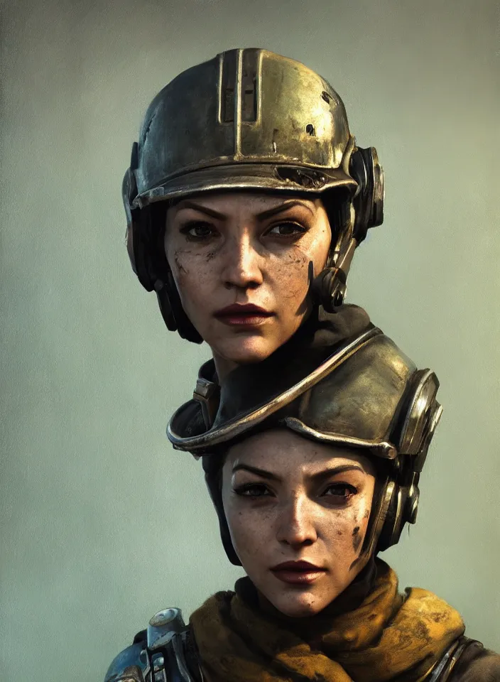 Image similar to a face portrait of a female bandit in fallout 4, scifi setting, fallout environment, drab colors, serene lighting, atmospheric, cinematic, moody, in the style of diego koi, gina heyer, luiz escanuela, art by alyssa monk, hyperrealism, rule of thirds, golden ratio, oil on canvas, 8 k