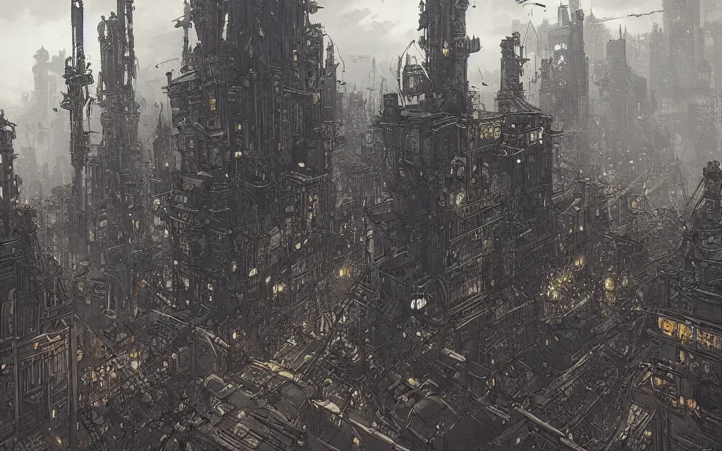 Prompt: a dieselpunk city vista, dusk, city lights, reflections, glares, perspective sky, Cinematic, dramatic, ornate, in the style of Katsuhiro Otomo, Ian mcque