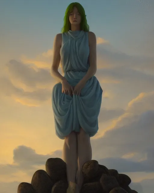 Image similar to a painting of a real woman standing in front of a huge stone statue, a screenshot by stanley twardowicz, cgsociety, aestheticism, aesthetic, vaporwave, anime aesthetic