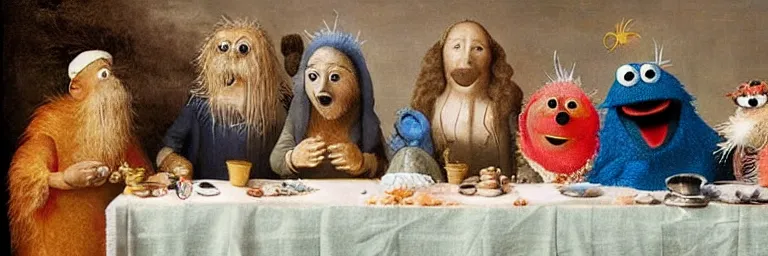 Prompt: the last supper on sesame street and cookie monster. art by hieronymus bosch