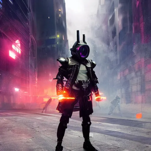 Prompt: a cyberpunk style great helm on the ground after a hige battle, epic compotition, light smoke, epic lighting