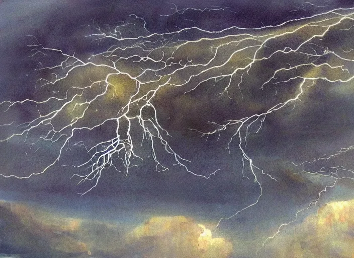 Prompt: the representation of brain neurones firing through the metaphor of a thunderstorm, very artistic