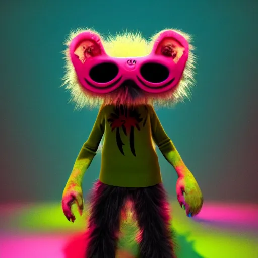 Image similar to misbehaving fuzzy monster, in the style of billelis and james jean and pedro conti and stanley kubrick, inspired by die antwoord, kawaii colors, photorealistic, epic, super technical, 3 d render