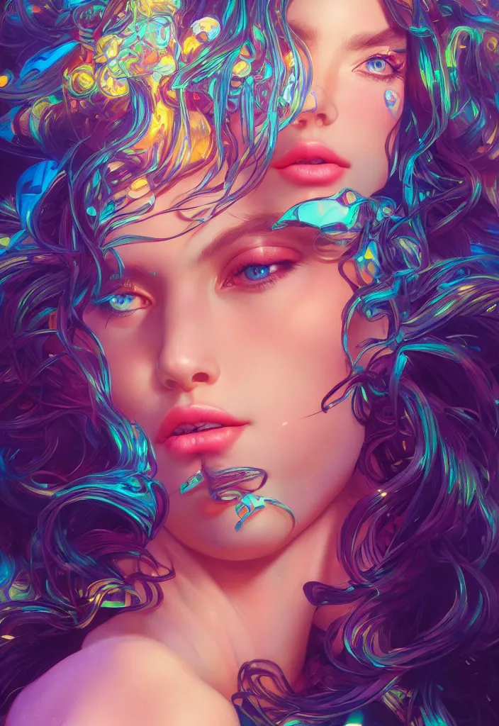 Image similar to beautiful, young woman, detailed gorgeous face, vaporwave aesthetic, synthwave, colorful, psychedelic, artstation, concept art, smooth, extremely sharp detail, finely tuned detail, ultra high definition, 8 k, unreal engine 5, ultra sharp focus, illustration, art by artgerm, greg rutkowski and alphonse mucha