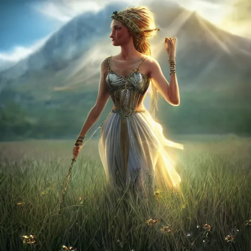 Image similar to a radiant greek mythology goddess walking in a beautiful field, mountains in the distance, medium shot, jewelry, crown, confident, gorgeous, stunning, dramatic lighting, detailed, very realistic, trending on Artstation, Cgsociety