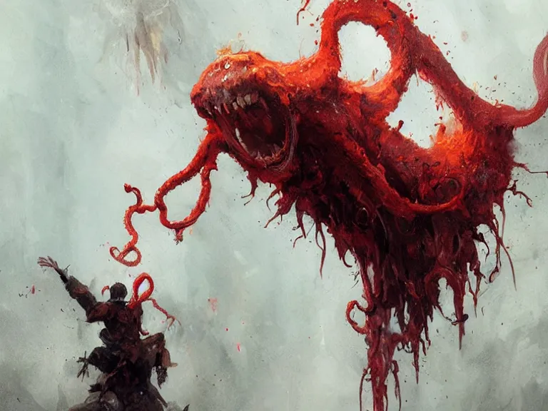 Image similar to painting by greg rutkowski of a flying human head with tears running down it's face face that is chalk white in color, with tentacles coming of the neck, fiery scorching red eyes, flying in a terrying hellish dark cavernous place