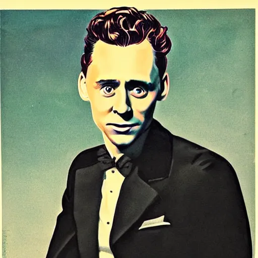 Prompt: “Tom Hiddleston portrait, color vintage magazine illustration 1950”