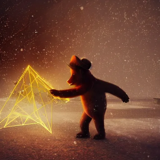 Image similar to smiling brown bear playing yellow triangular Gibson Flying-V electroguitar in hat in winter at streets of Moscow, sharp focus, fantasy style, octane render, volumetric lighting, 8k high definition, by greg rutkowski, highly detailed, trending on art Station