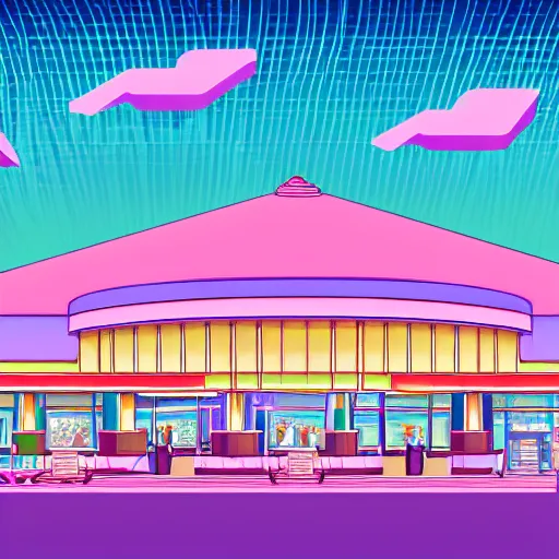 Image similar to art deco vaporwave illustration of a mall food court in pastel colors