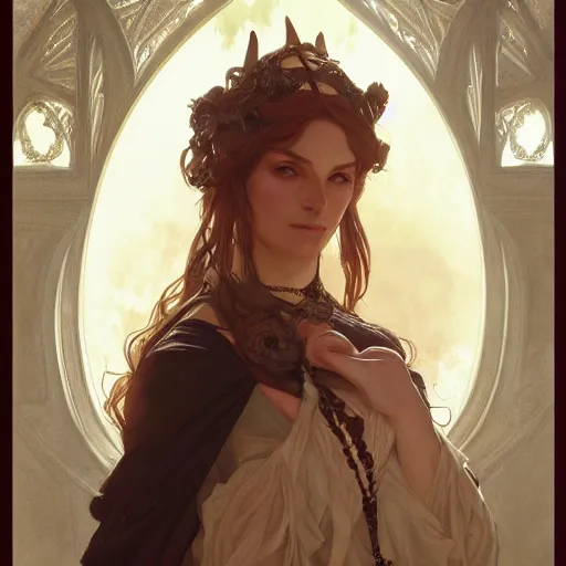 Prompt: A witch, closeup, D&D, intricate, elegant, highly detailed, digital painting, artstation, concept art, matte, sharp focus, illustration, art by Artgerm and Greg Rutkowski and Alphonse Mucha]