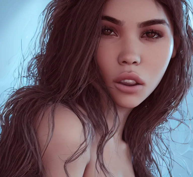 Image similar to madison beer, au naturel, hyper detailed, digital art, trending in artstation, cinematic lighting, studio quality, smooth render, unreal engine 5 rendered, octane rendered