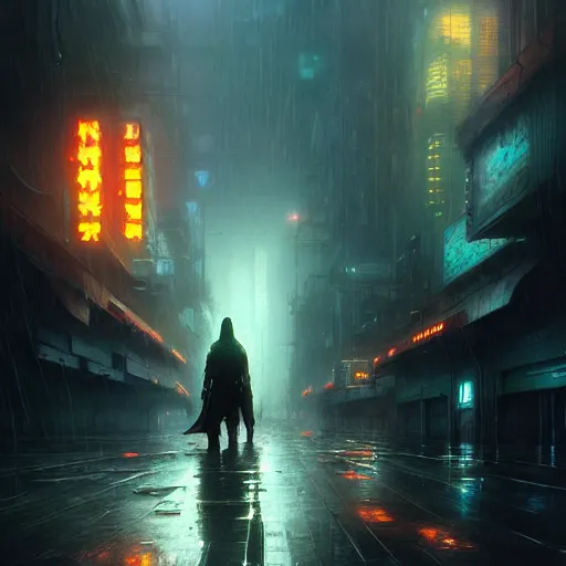 Prompt: an exhausted warrior wandering through a lost cyberpunk city from left to right, rainy day, radiant light, digital painting, art station, by les edwards, by greg rutkowski